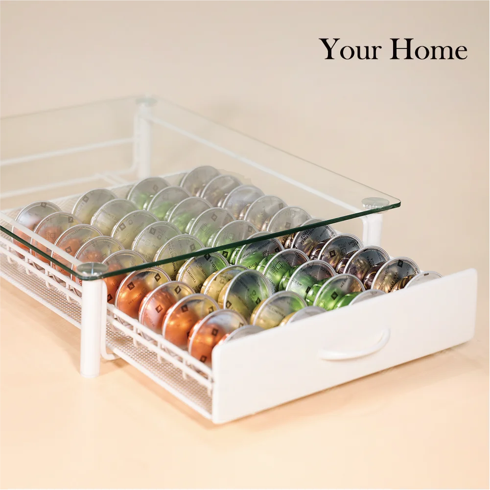 YourHome Coffee Pod Capsule Storage Glass Drawer 40 PCS White Multi Capsule Compatiable Dispenser Holder