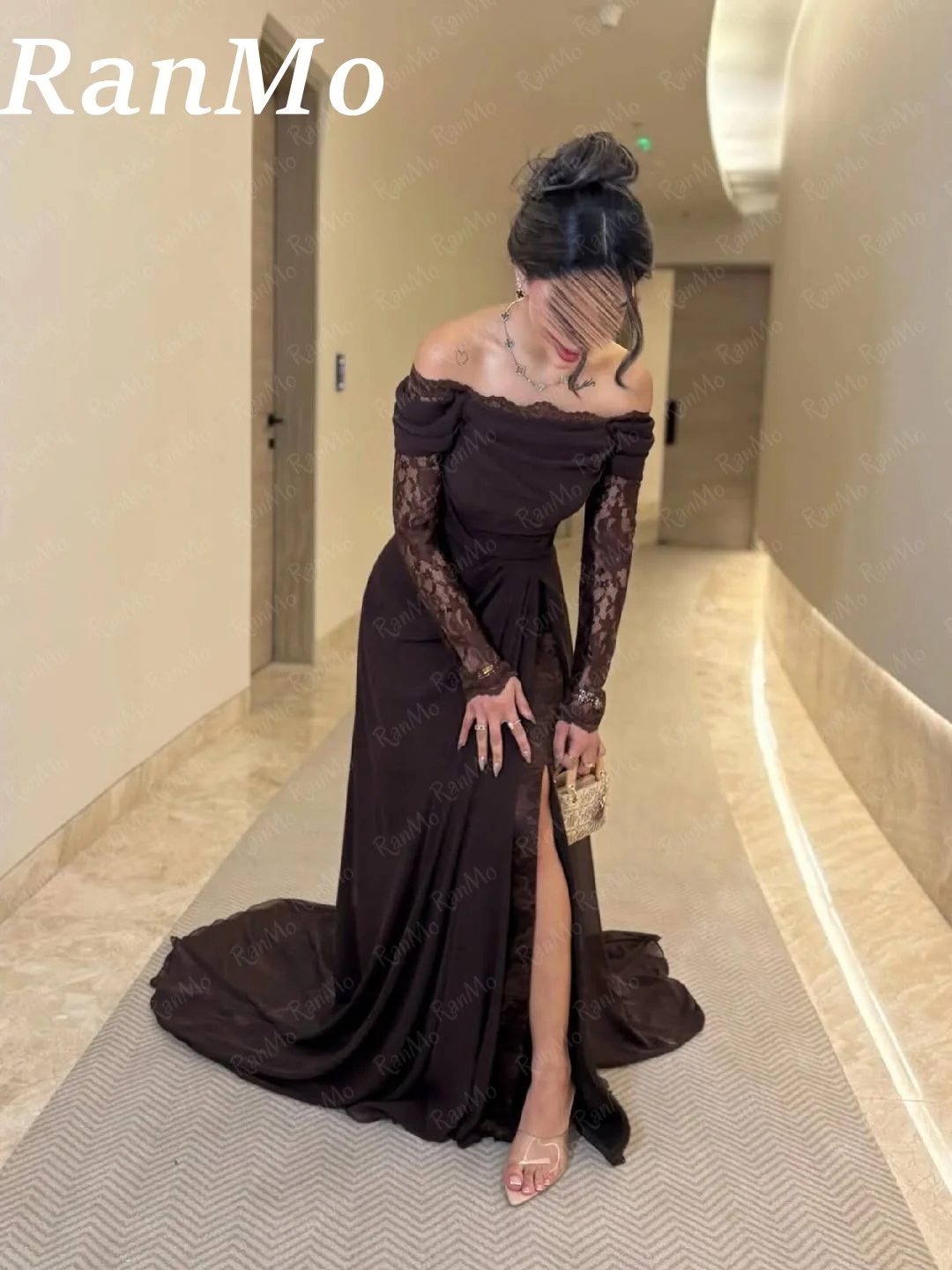 

Ranmo Brown chiffon Evening Dress Off The Shoulder Mermaid Prom Party Dresses Sexy Side Slit Arabic Eid Prom Gowns Customized