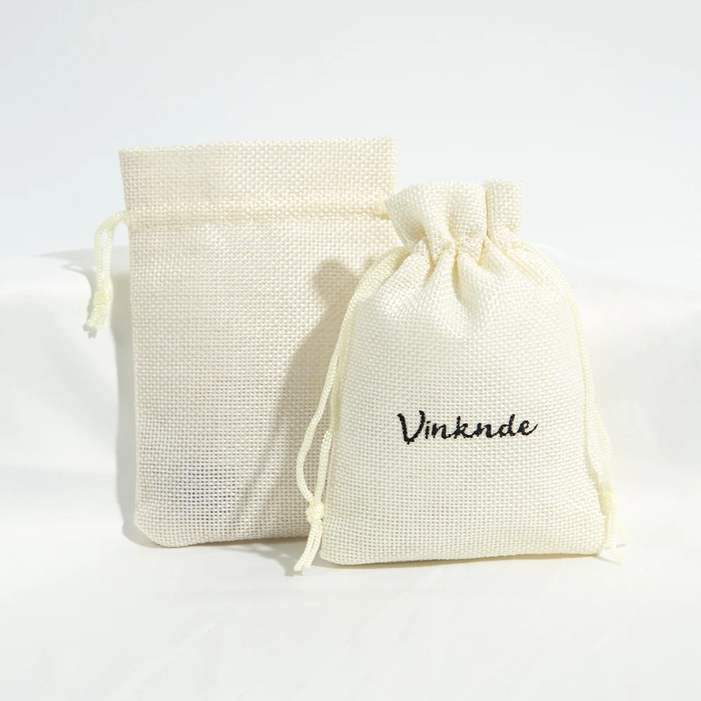 Personalized Logo Small Burlap Drawstring Gift Bag Reusable Jewelry Packaging Beige Linen Jute Wedding Favor Gift Pouches
