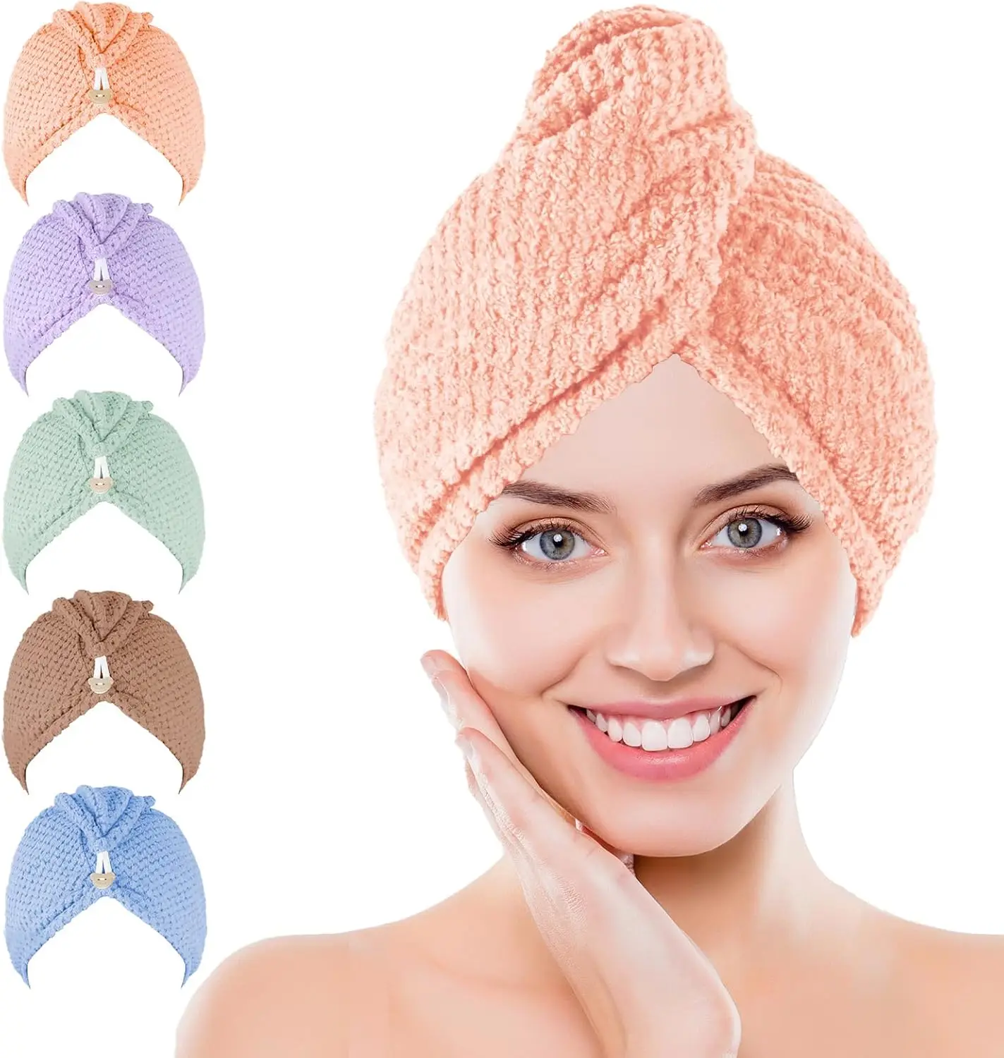 Microfiber Hair Towel Wrap, 5 Pack Soft Hair Drying Towel with Elastic Band, Drying Hair Wrap Towels for Curly, Hair Towel Wrap