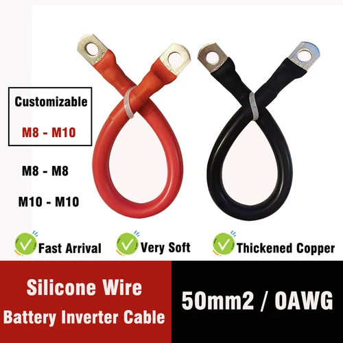 Cable de batería de 0AWG, 50mm2, 20-200CM, Terminal de silicona suave y cobre estañado para inversor Solar de coche de alto rendimiento