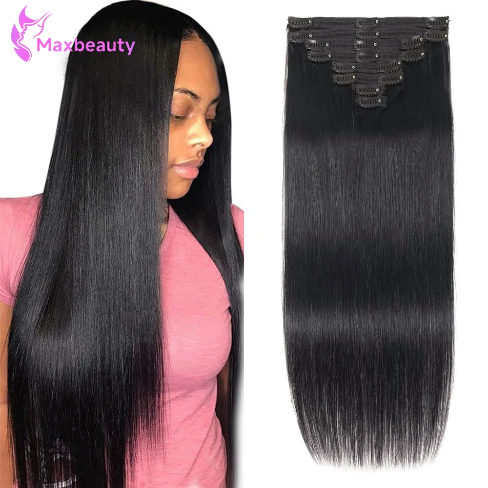 

Прямые человеческие волосы на заколке для наращивания волос для женщин, 100% необработанные, на всю голову, бразильские девственные волосы, натуральные черные заколки