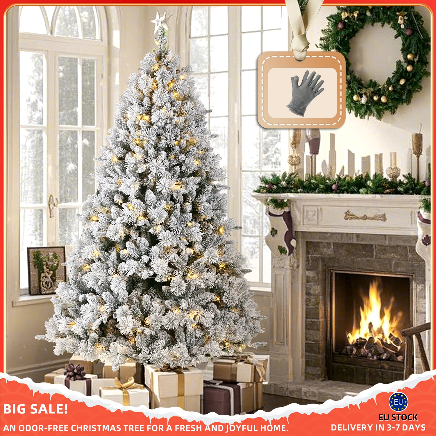 Arbre de noël artificiel neige blanche 180/210/235CM, avec 250/350/450 LED blanc chaud, 1020/1348/1490 pointes, PVC + PE, support métallique, fête