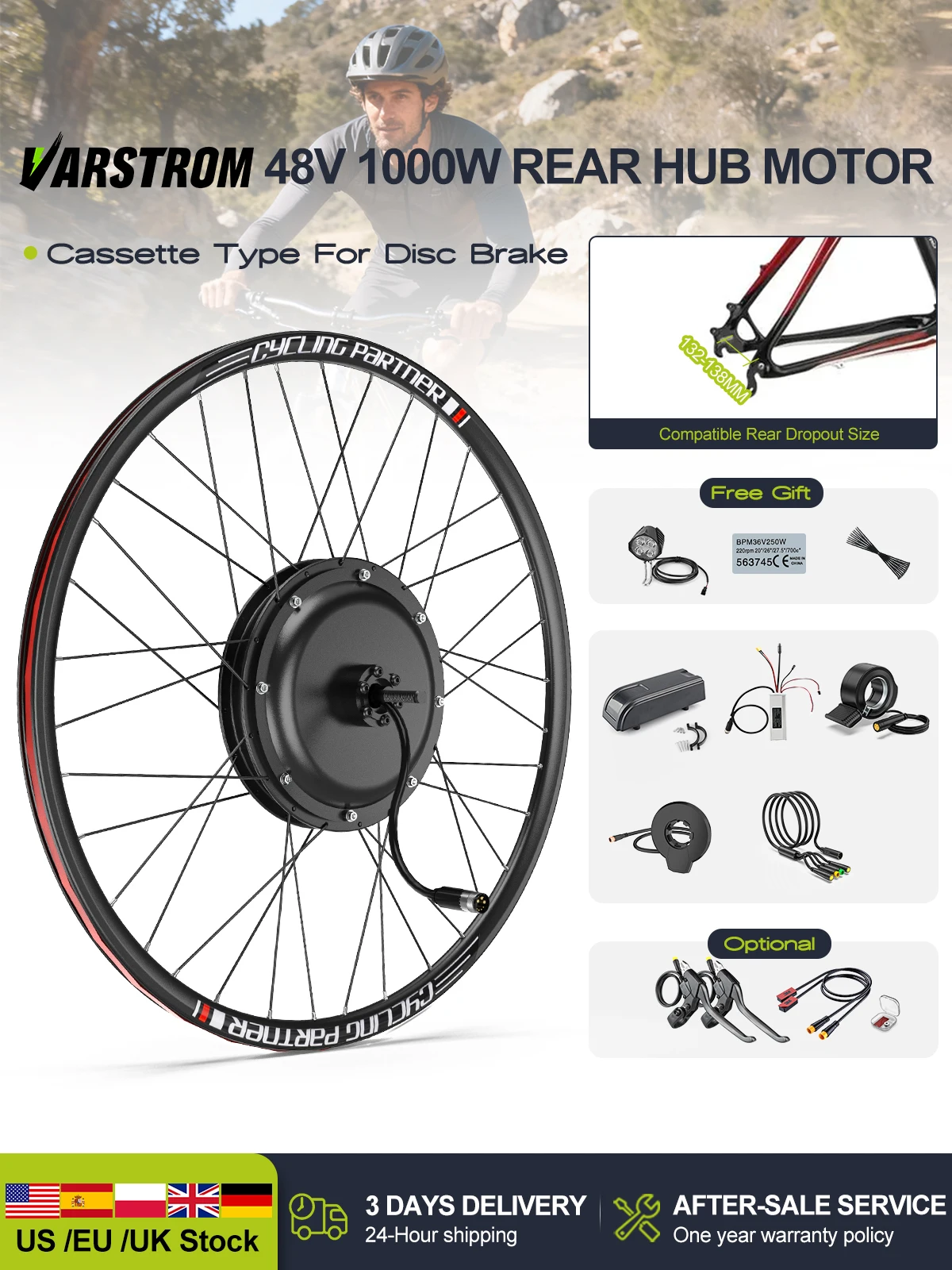 Varstrom JYLT 48V 1000W 1500W Vorder- und Hinterrad-Nabenmotor E-Bike Umbausatz 26"/27.5"/28"/29"/700C Laufradgröße optional E-Bike Motor für Scheibenbremse EMT Mountainbike eCity Rennrad.