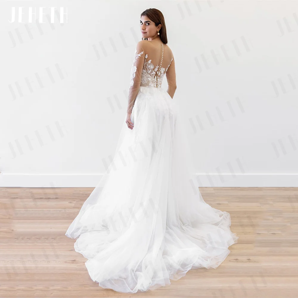 JEHETH Graceful Boho Wedding Dresses Women Long Sleeves Lace Appliques Civil Bride Gown Illusion O-Neck Tulle فستان حفلات الزفاف