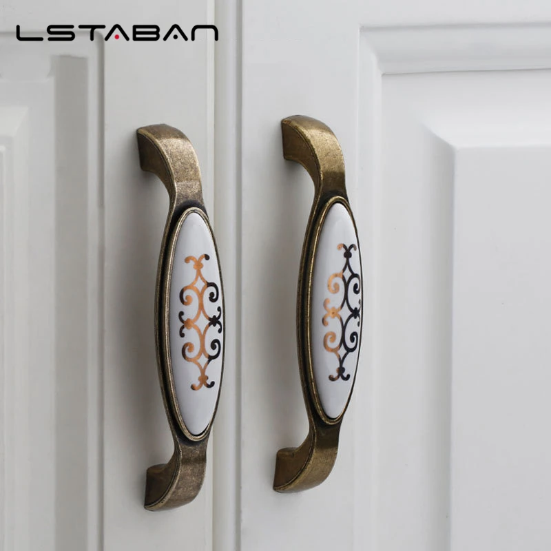 Antique Bronze Ceramic Cabinet Handles Zinc Alloy Drawer Knobs Pulls Wardrobe Door Handle European Furniture Handle Hardware