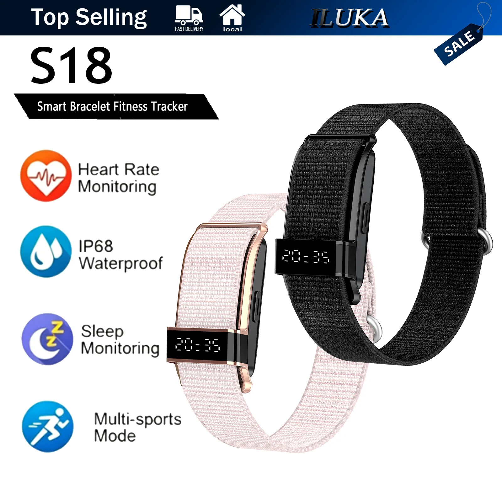 ILUKA S18 Smart-Armband Fitness-Tracker - Nylonarmband, 24H Herzfrequenz-/Sauerstoffmonitor, IP68 Wasserdicht, Schritt-/Schlafzähler, Vibrationsanruf-Erinnerung, Leicht 20g