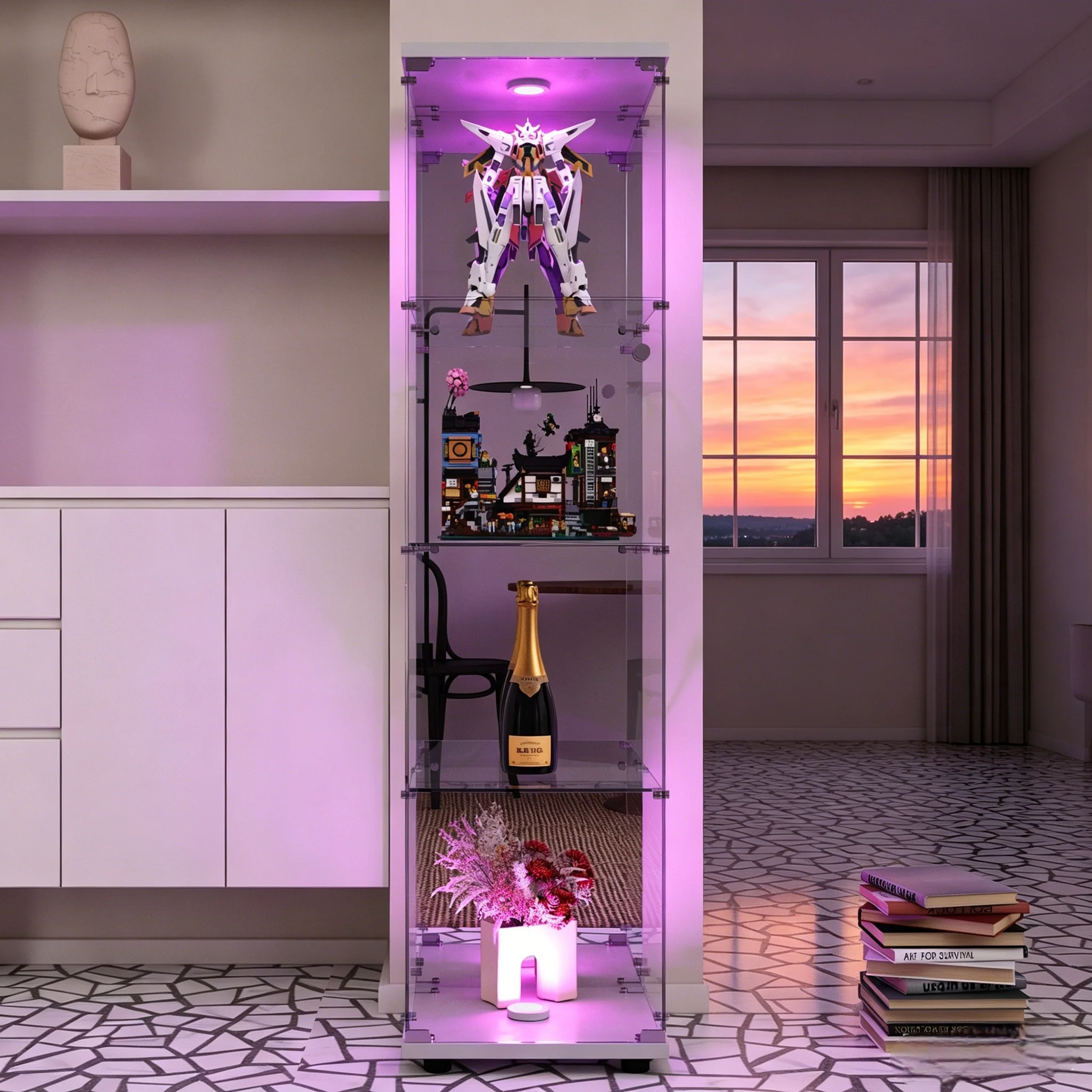 Glasvitrine, Weinschrank, mit LED-Beleuchtung und Schloss, Einzeltür, 4 Regale, weiß, geeignet für Wohnzimmer, Schlafzimmer, Büro