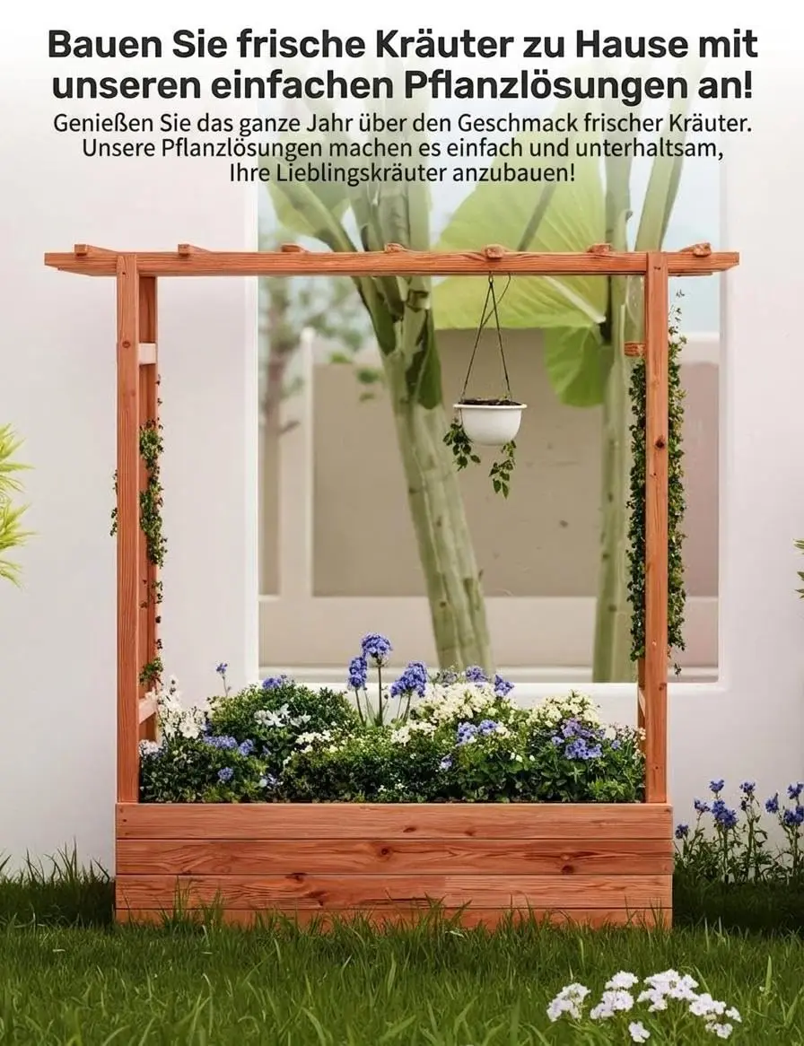 Bac à fleurs surélevé avec grille et toit 110x44x113,5 cm - Bac à plantes en bois avec treillis et 4 trous de drainage, jardinière verticale pour plantes grimpantes et vigne