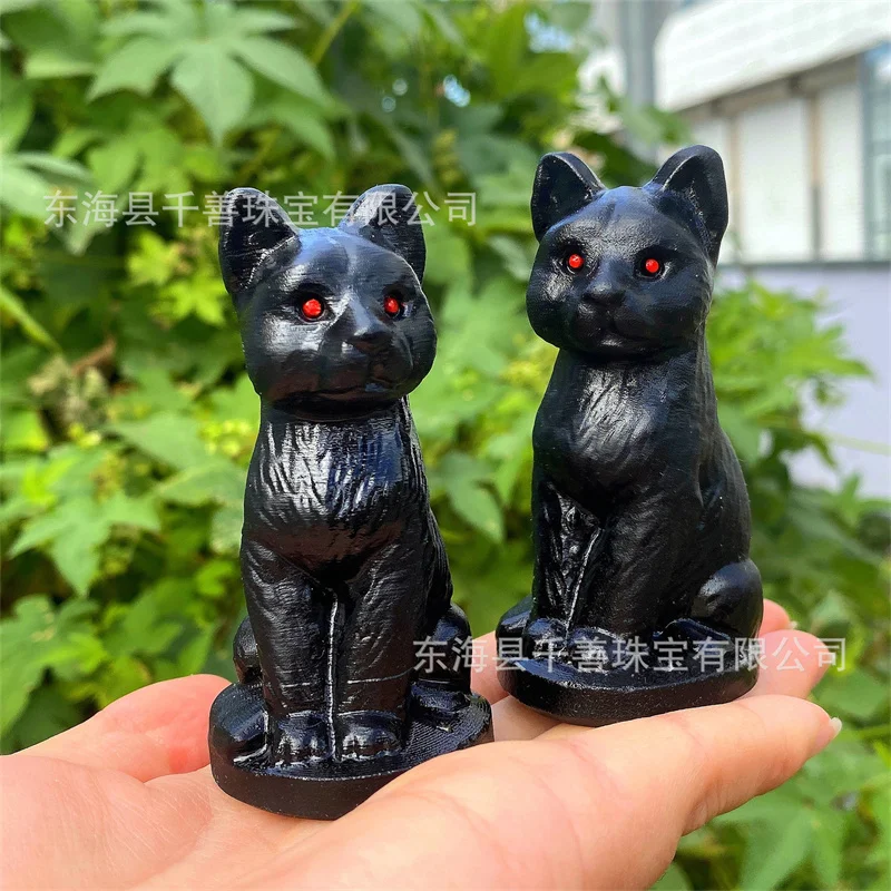 

Фигурка сидящего кота из черного обсидиана, резной кварцевый кристалл, минеральный камень, фигурки животных, милая статуя кошки, украшение для дома, подарок