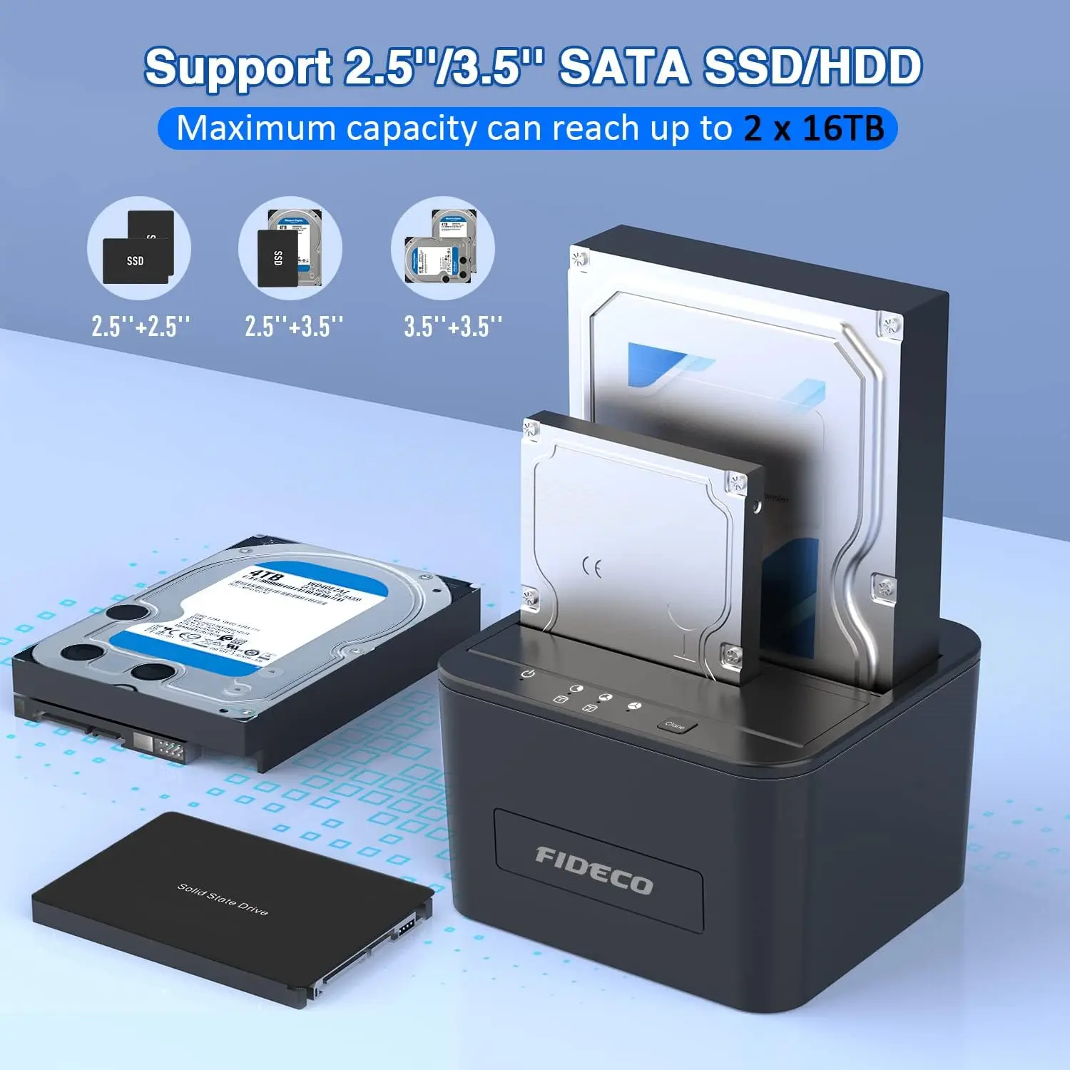 FIDECO Dual Bay غير متصل الاستنساخ USB 3.0 5Gbps 2.5 3.5 بوصة HDD SSD 1 إلى 1 الناسخ SATA ABS استنساخ محطة الإرساء