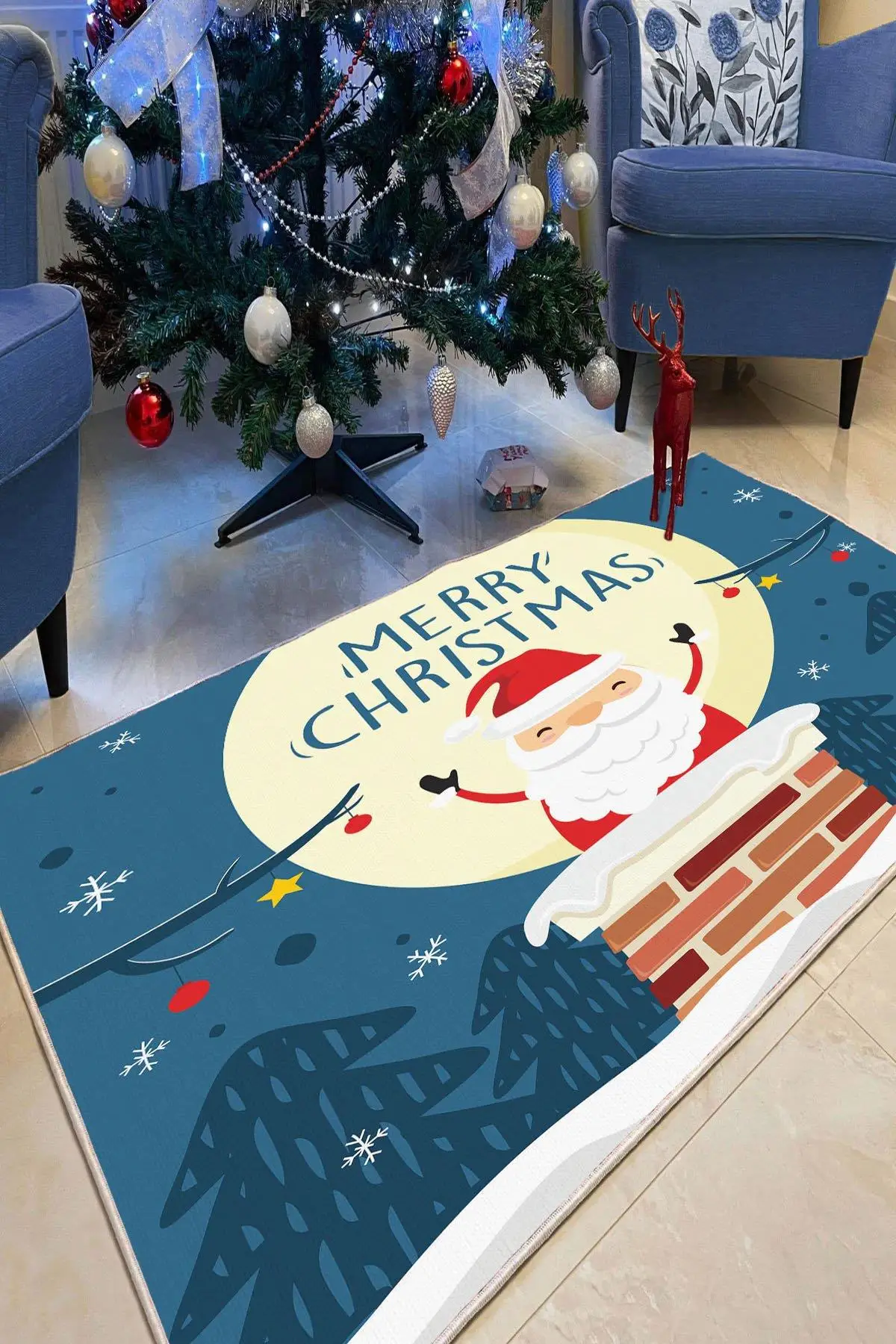 Santa Claus On The Roof Themed Cartoonish Rug, Merry Christmas Themed Cotton Carpet