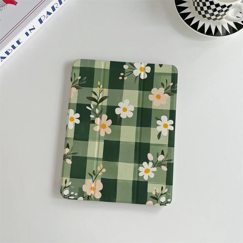 New green checkered flower iPad protective case, suitable for Apple iPad Pro 2024 11 inch 2025 Air 5/4 10.9 iPad 10 9.7 10.2/10.