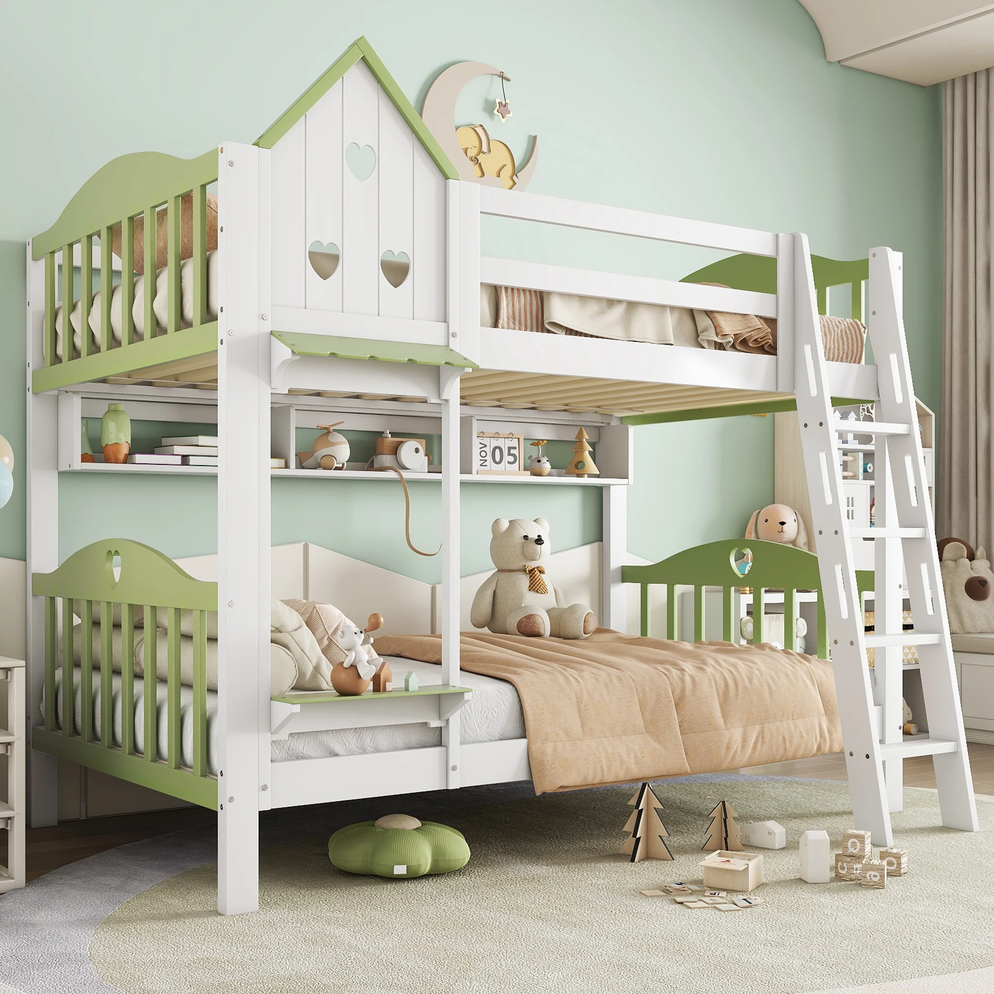 Etagenbett, Kinderbett, Sicheres Design, Schutzgitter, Dach, Offenes Regal, Weiß+Grün