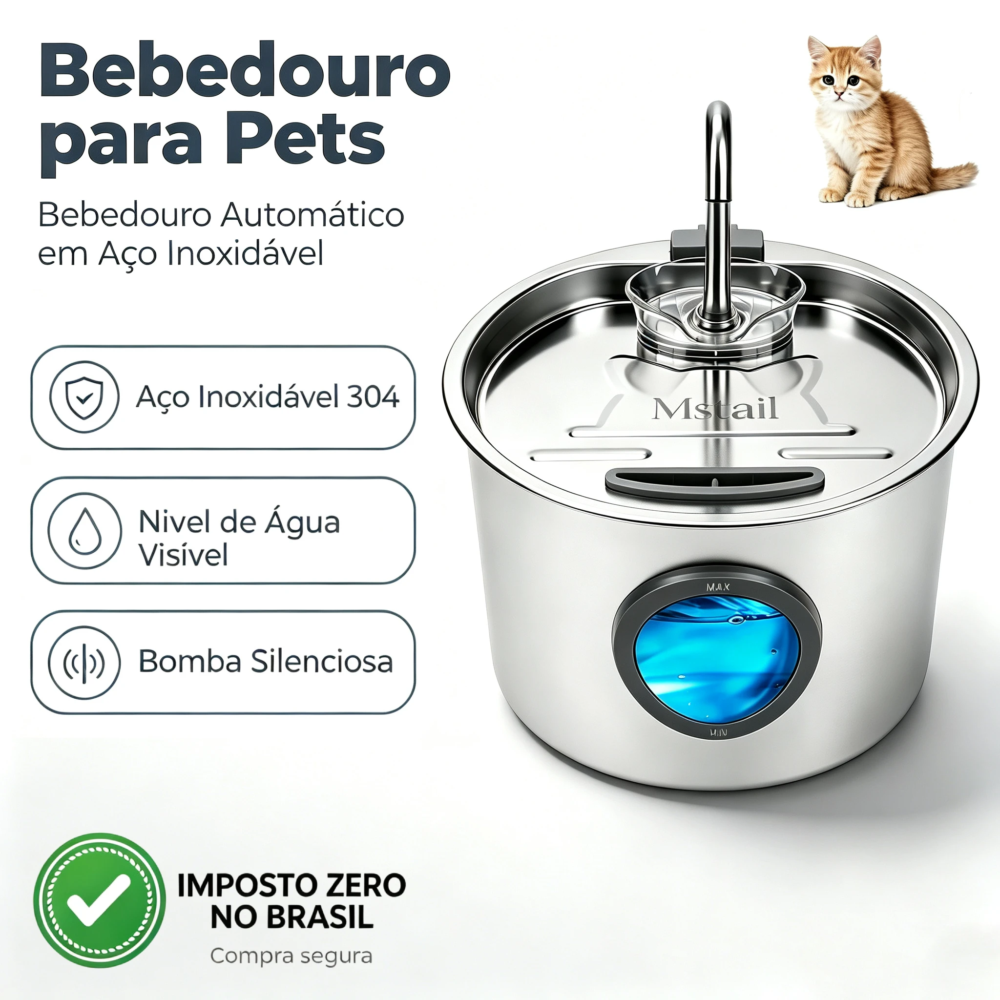 Bebedouro Automático 2,8L Inox Ultra Silencioso com Visor de Nível e Filtragem Automática, Fonte de Água para Gatos e Cães