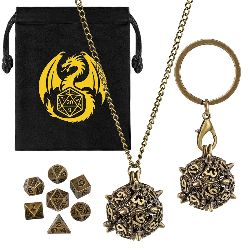 

7pcs/set Small Size Polyhedral Dice with Portable Key Ring Necklace Chain Hollow D20 Metal Cage RPG Gmaing with Dragon Bag