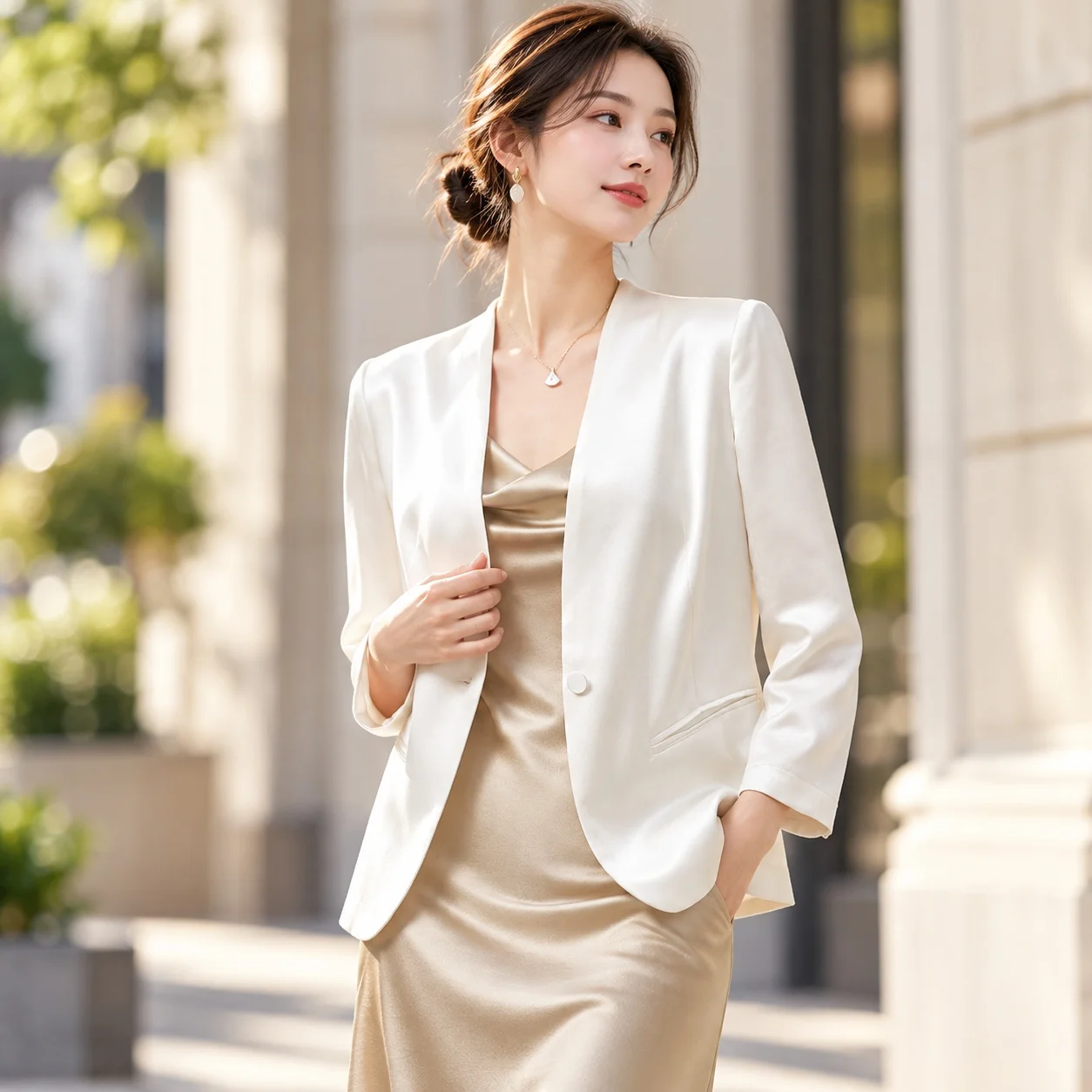 Collarless Coat Slim Fit Fitted Elegant Commuter with Regular Sleeve Medium Long Length Single Button Closure Spring Women Suit