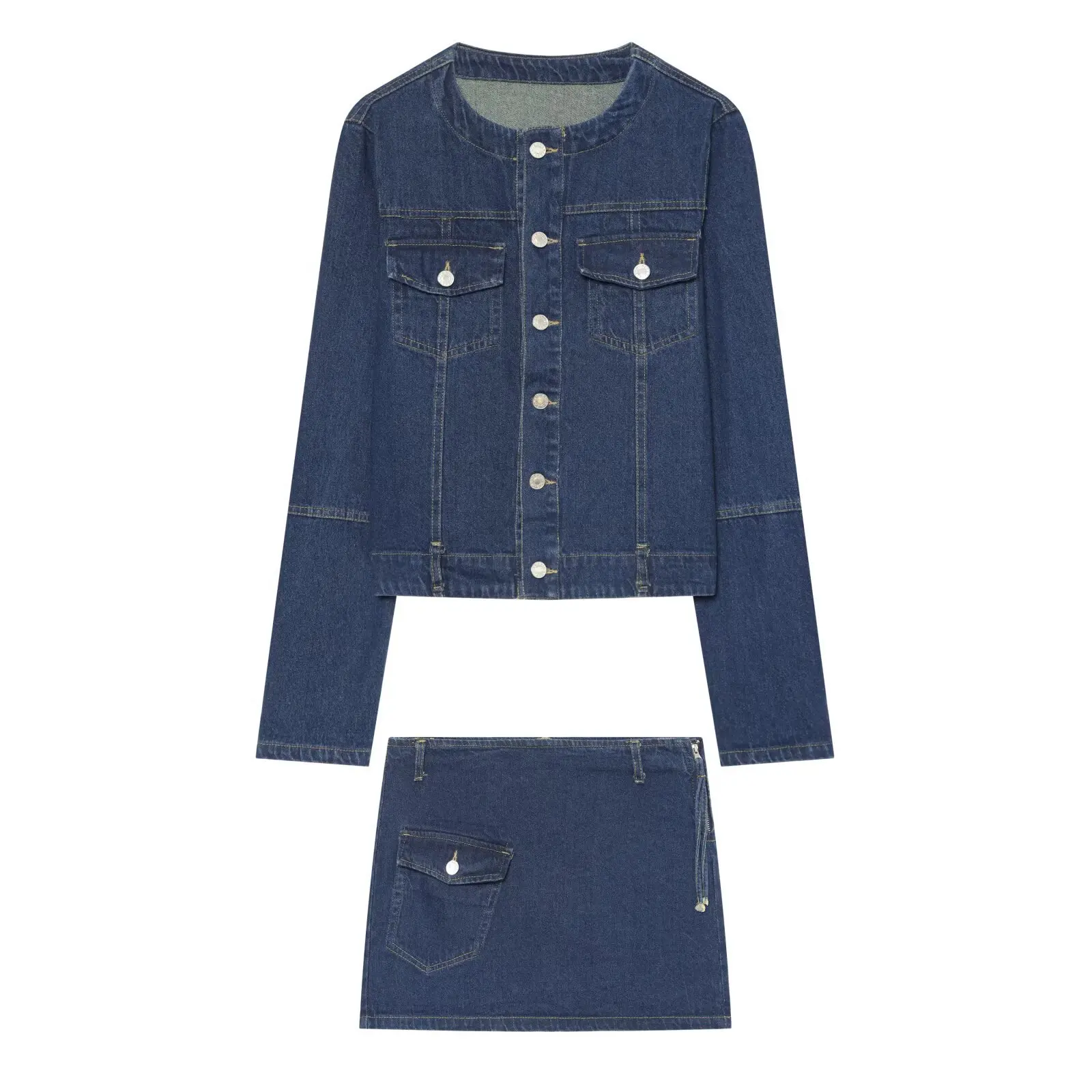 Women Denim Two Piece Set Collarless Short Jacket Coat High Waist Side Zipper Pocket Mini Skirt Suit Y2K Vintage Denim Outfits