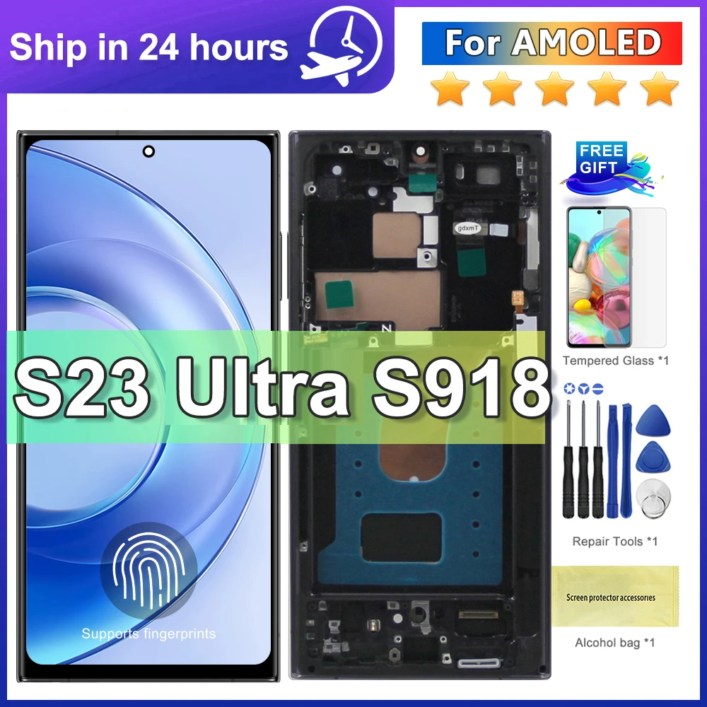 For AMOLED For Samsung S23 Ultra LCD SM-G918, SM-G918B Display touch screen Digitizer Assembly S23 Ultra Display+Frame