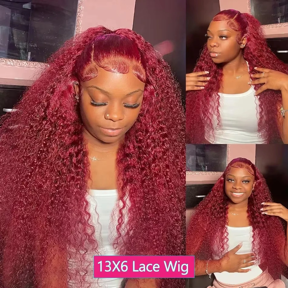 200 Density Deep Wave Wigs Human Hair Curly Wigs Burgundy 13x6 HD Lace Frontal Human Hair Wigs Transparent Lace Frontal Wigs