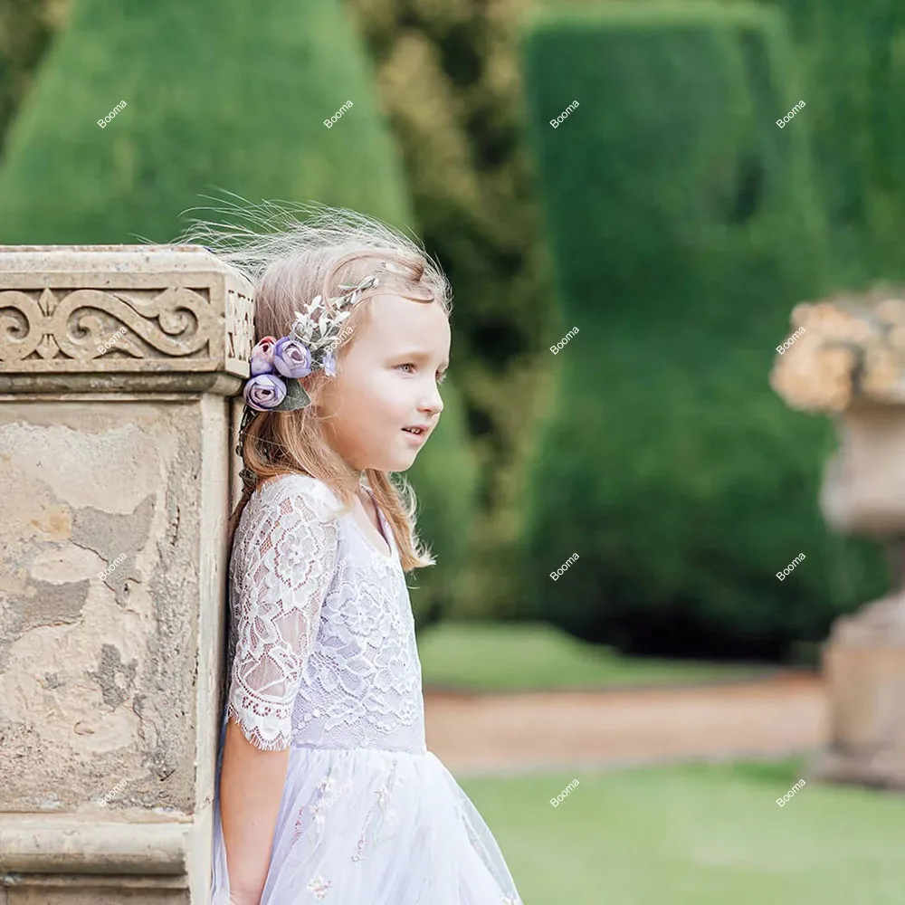 Booma A-Line ดอกไม้สาวชุดเย็บปักถักร้อยลูกไม้ Tulle งานแต่งงานชุดเด็กสาวพรหม Gowns ที่กําหนดเอง