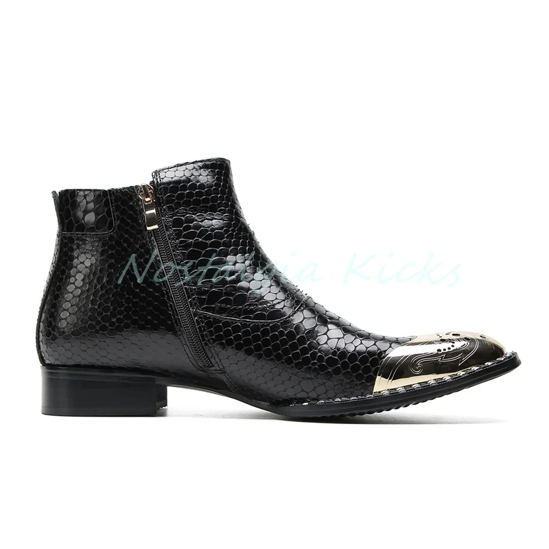 Trendy Men's Black Snake Skin Pattern Ankle Boots Golden Metal Toe Buckle Strap Side Zipper Chelsea Boots Casual Leather Botas