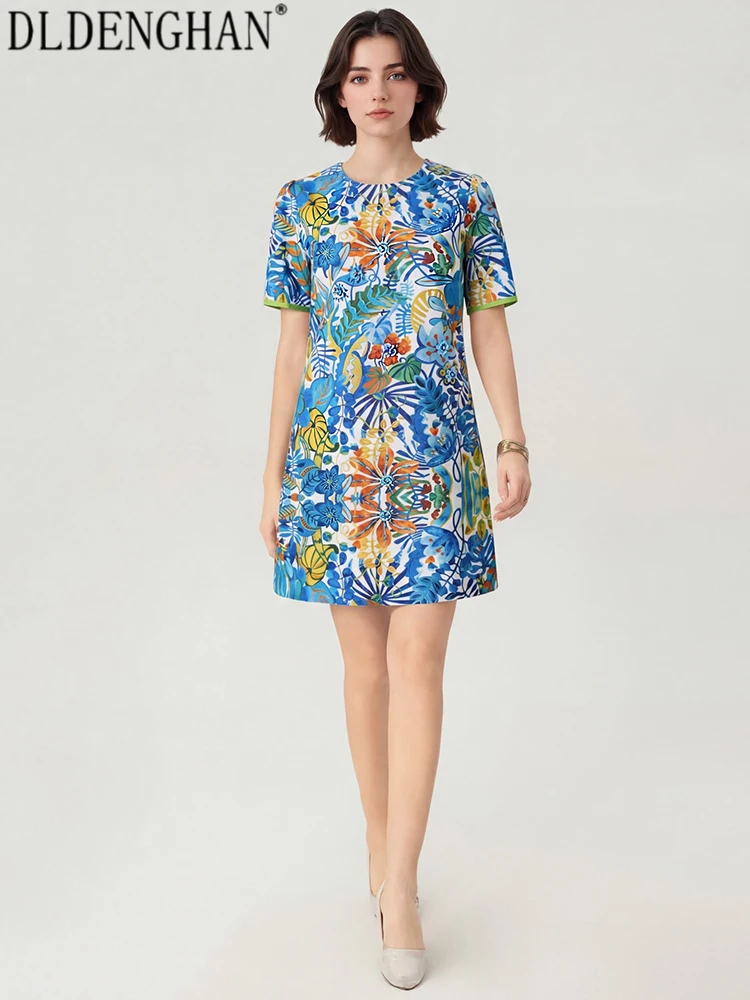 

DLDENGHAN Женские мини-платья с круглым вырезом, короткими рукавами, принтом, пайетками и бисером, летние, винтажные, элегантные.