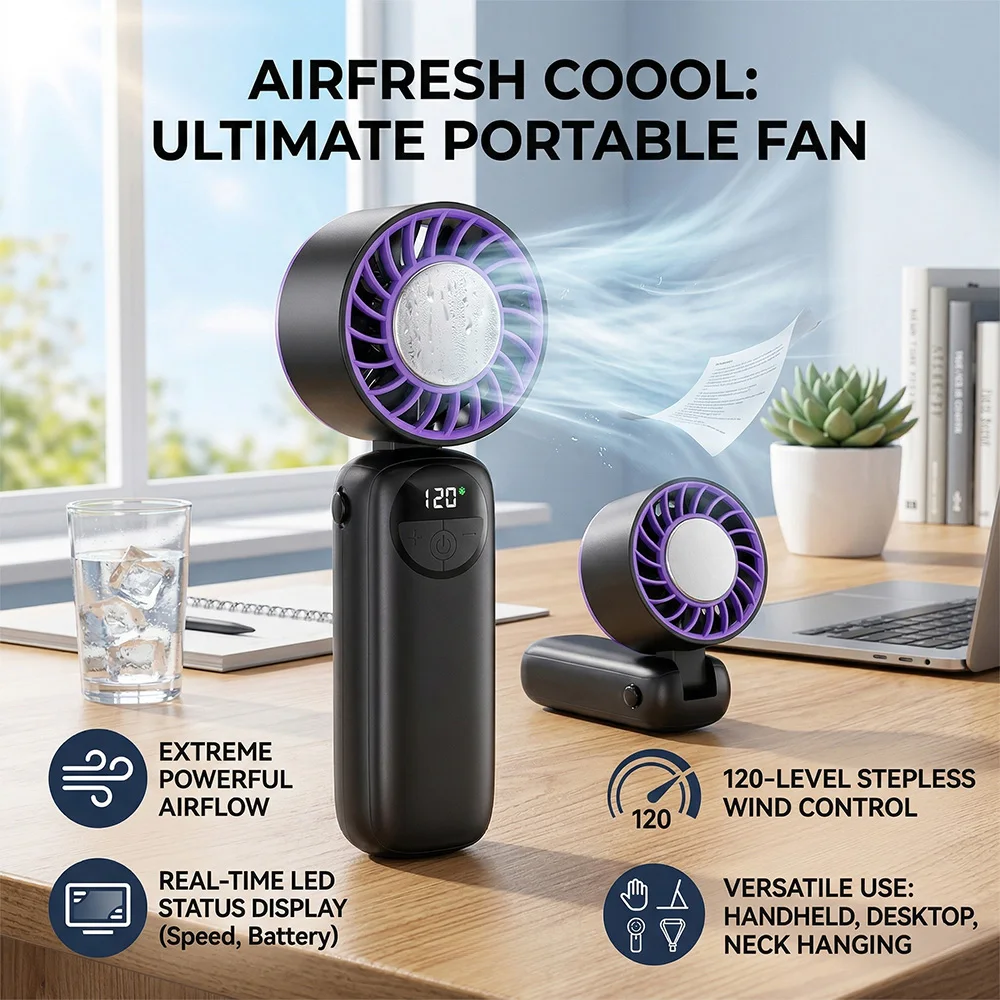 Eisgekühlter Handventilator, 120-Gang-Turbo-Ventilator mit stufenloser Einstellung, wiederaufladbarer USB-Mini-Handventilator mit LED-Anzeige für Reisen und Outdoor-Aktivitäten