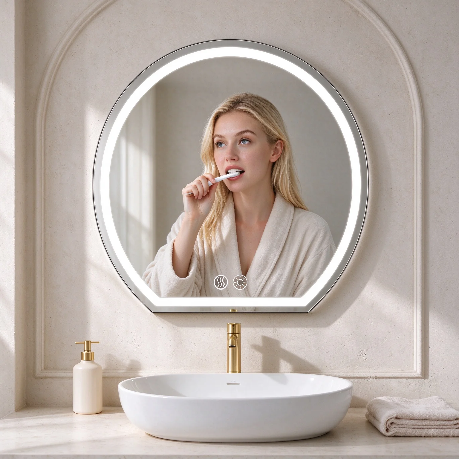 This wall-hung illuminated makeup mirror has anti-fog function and long-touch brightness control. It provides adjustable light for makeup and shaving. Its sleek modern design fits many home styles, great for bathrooms and bedrooms.