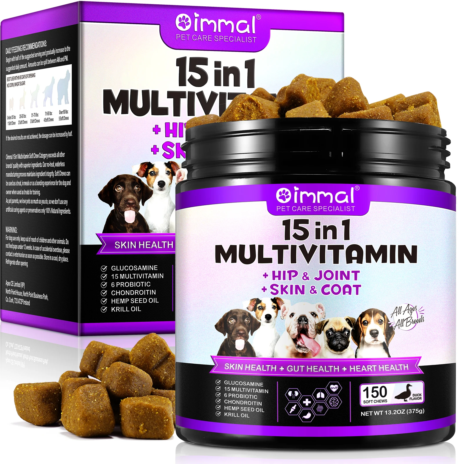 

15-in-1 Multivitamin Supplements 150 Chews Hip & Joint Support, Skin Gut Heart Health with Duck Flavor Suit for All Dogs