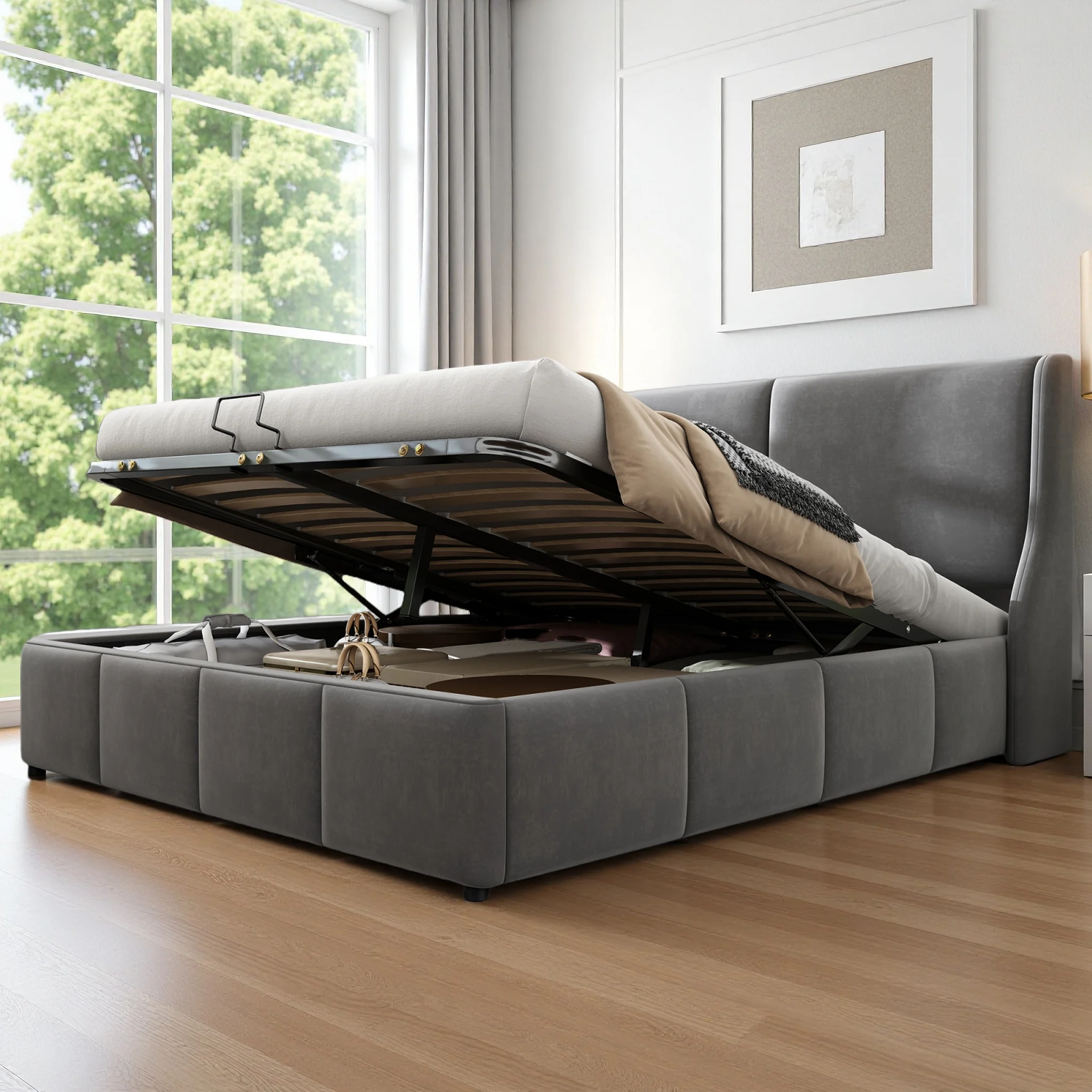 MINGZHE Struttura letto matrimoniale imbottita grigia, 140x190 cm, con testiera con ali; letto contenitore in velluto con ampio spazio di archiviazione; sistema di sollevamento idraulico; materasso