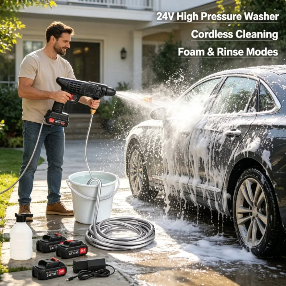 Kit de nettoyage électrique pour lavage auto : pistolet nettoyeur haute pression électrique rechargeable par USB, machine de nettoyage haute pression avec tuyau de 5 mètres (196,85 pouces), batterie rechargeable, pulvérisateur de mousse et buse multifonct