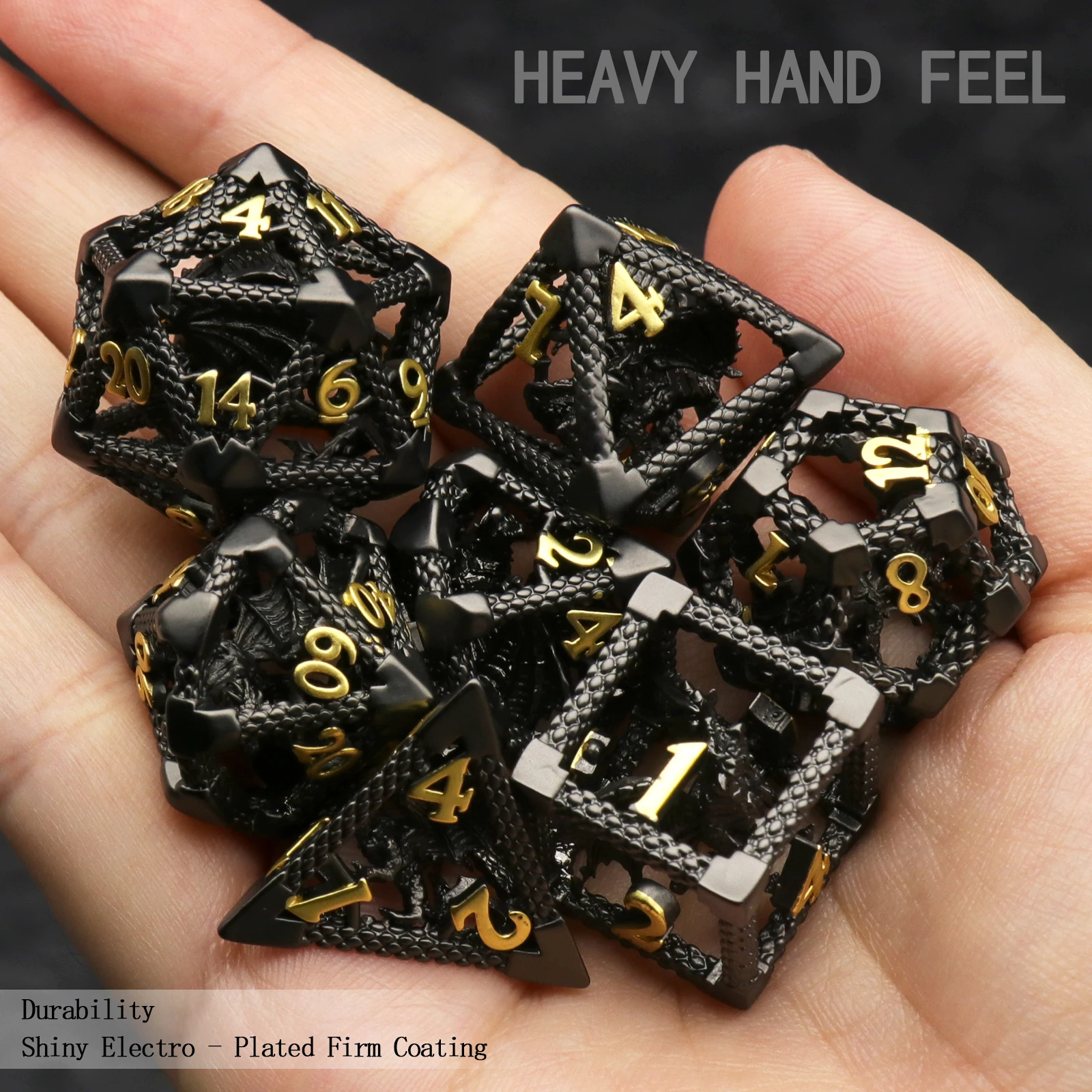 Dragon Metal Dice,  7PC/Set Polyhedral Dice for Role Playing Game Dungeons and Dragons Dices, RPG Dice(Black Glod)