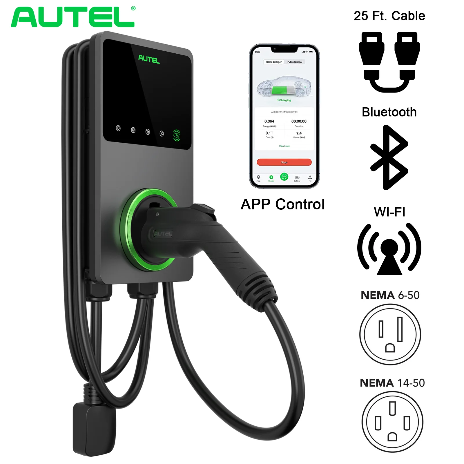 Autel 9.6KW WIFI RFID APP Enable 40A 240V 25ft Cable Wallbox EV Charger Level 2 for Home J1772 Electric Vehicle Charging Station