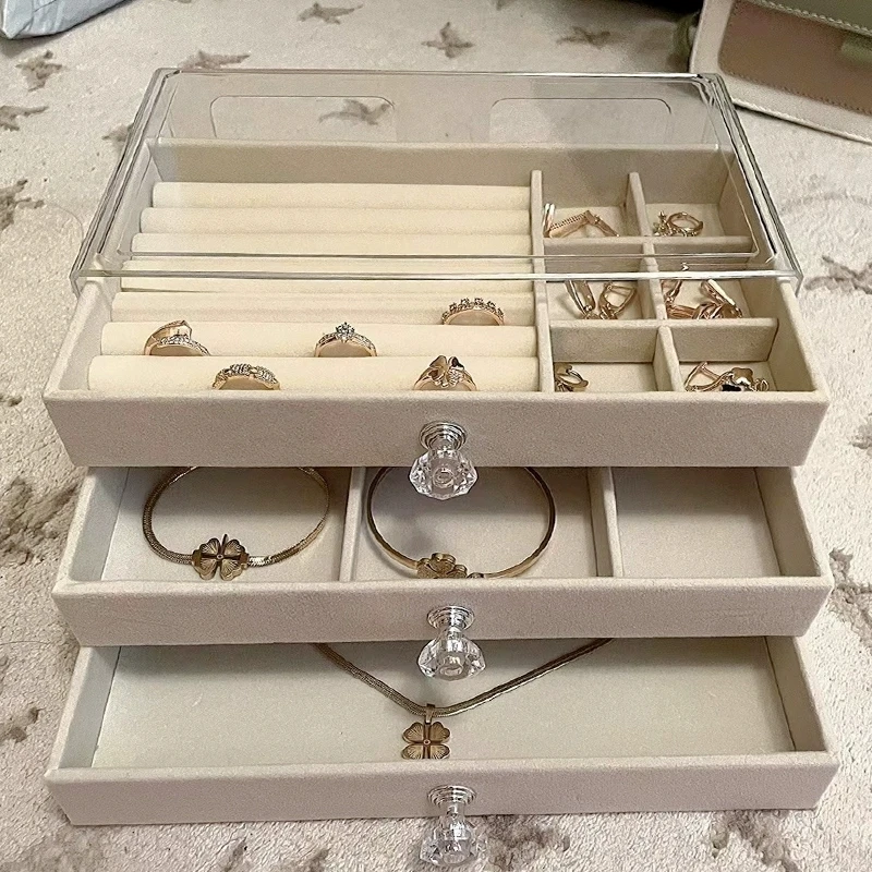 

Three-layer Velvet Jewelry Storage Box Stud Earring Storager Dust-proof Drawer Type Acrylic Jewelry Container Earring Organizer