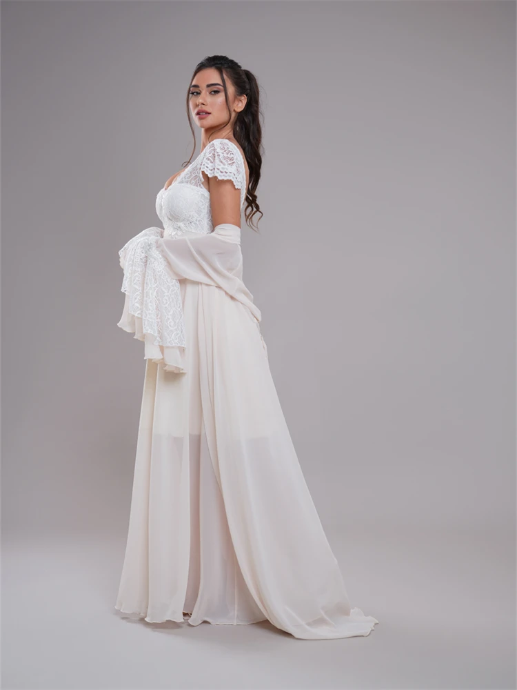 Customized Two-Pieces Lace Bride Robe For Wedding Sexy Flare Sleeves Chiffon Bridal Shower Dress Women Night Gwon 2024