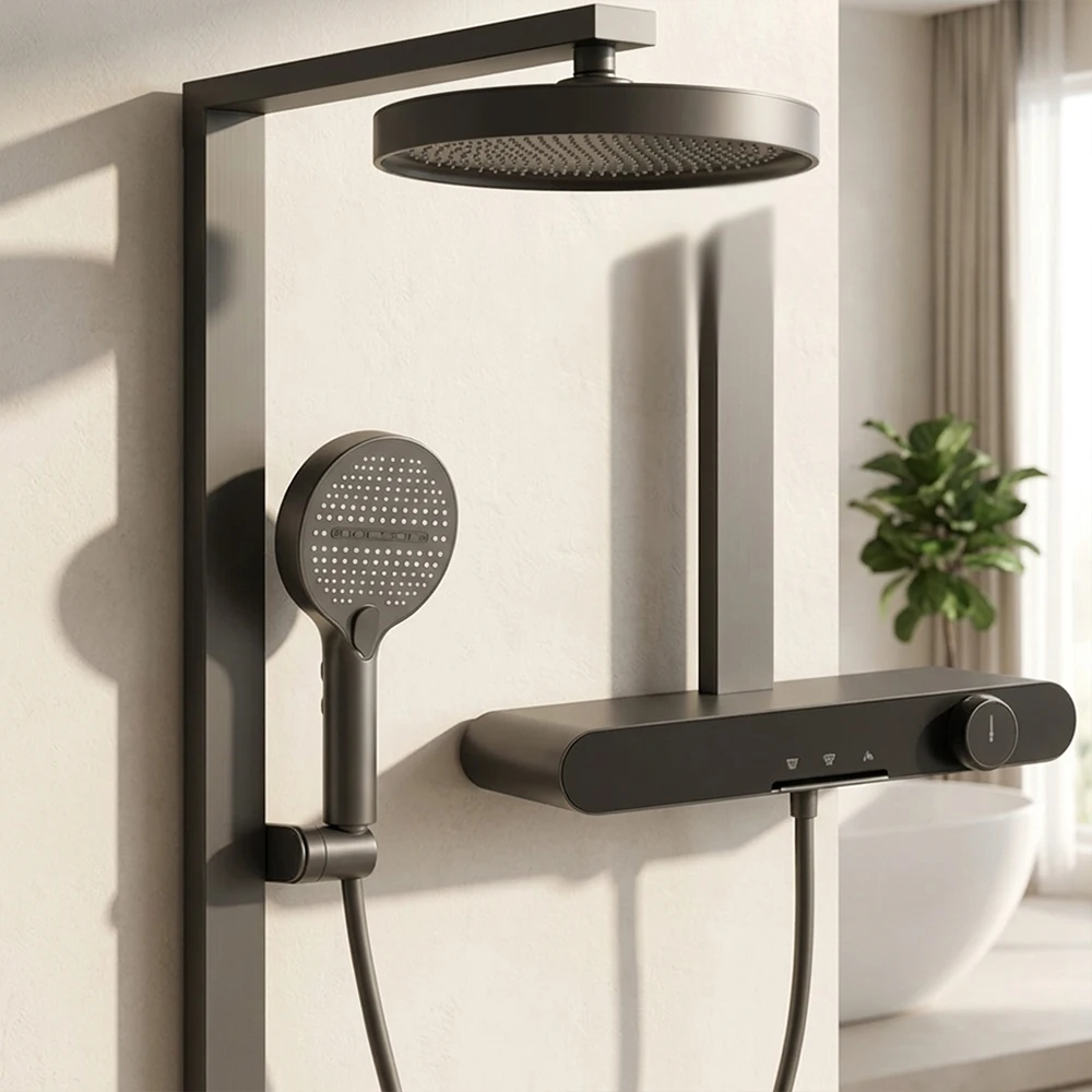 Thermostatic Shower System Large Storage Shelf Knob Button 320mm Rain Shower Head 5-Mode Handheld Concealed Spout Brass Faucet