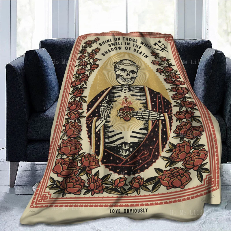 The Mexican God Santa Muerte Sacred Heart Of Mary And Jesus Skull Thorn Flower Flannel Blanket By Ho Me Lili Fit For All Seasons