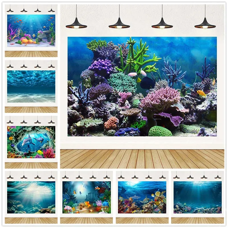 Underwater World Background Seabed Photography Backdrop Ocean Marine Seaweed Fish Aquarium Themed Studio Photo Party Decoration