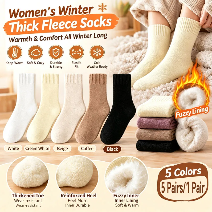 5/1 Pairs Women Winter Warm Socks, Soft Thickened Heel Toe Fleece Lined Random Colors Size 35-42 for Hiking Outdoor Cold Weather