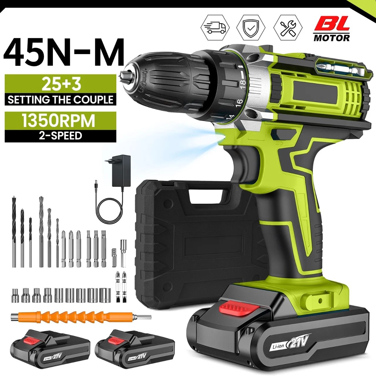 Ensemble perceuse à percussion électrique 25+3 vitesses, 1350 tr/min, tournevis électrique multifonction, batterie rechargeable, outil électrique