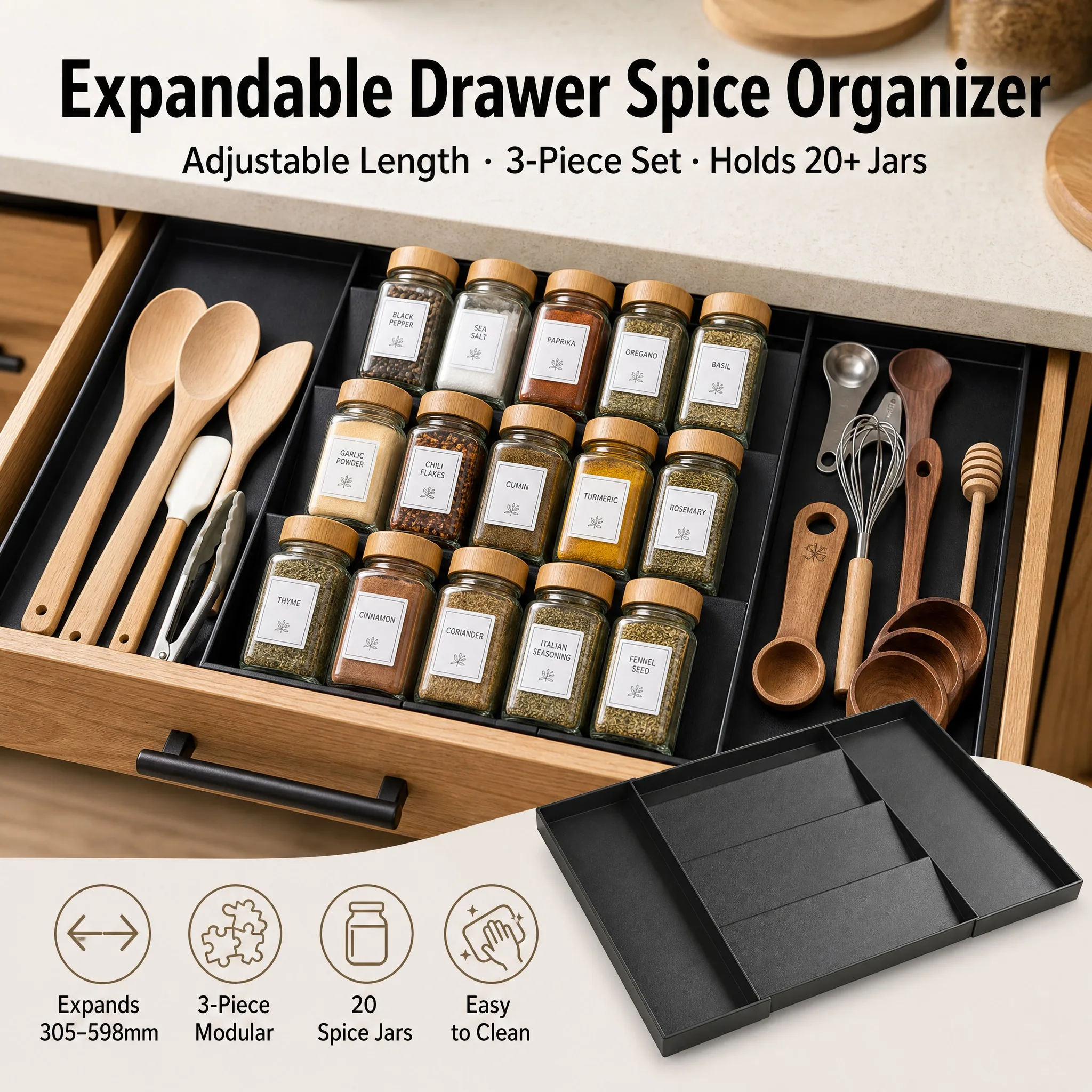 Removable Design Kitchen Spice Drawer Organizer Adjustable Spice Rack for Spice Jars Bottles Cabinet Multi-functional Knife Rack