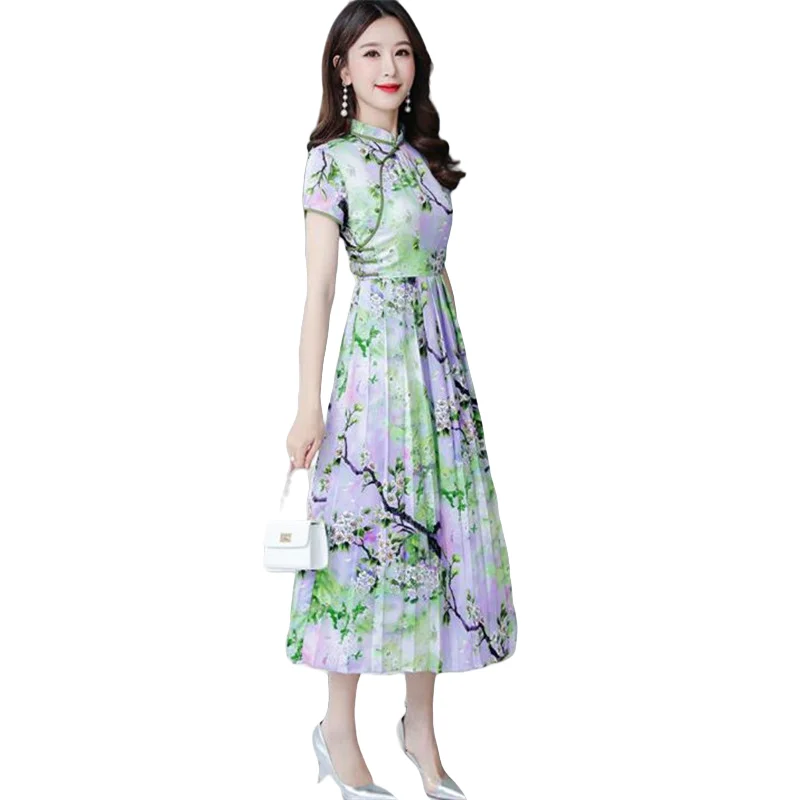 Cheongsam dress, new, improved version, high collar, short sleeve, waist, thin chiffon dress, summer,