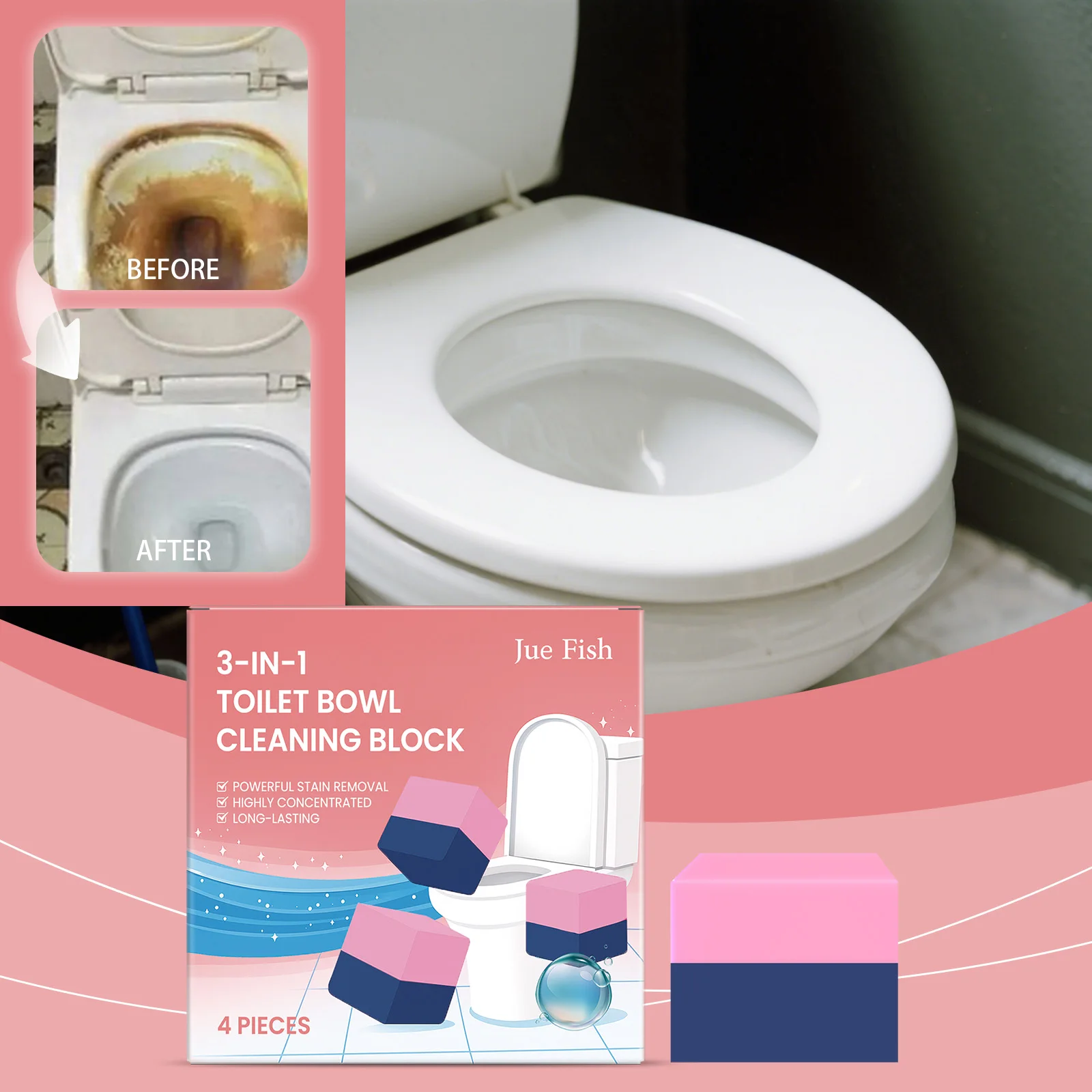 

JUE FISH 4 шт. 3-в-1 блоки для чистки унитаза, портативные, не требуют разборки, удаляют многочисленные загрязнения, улучшают смыв, устраняют неприятный запах