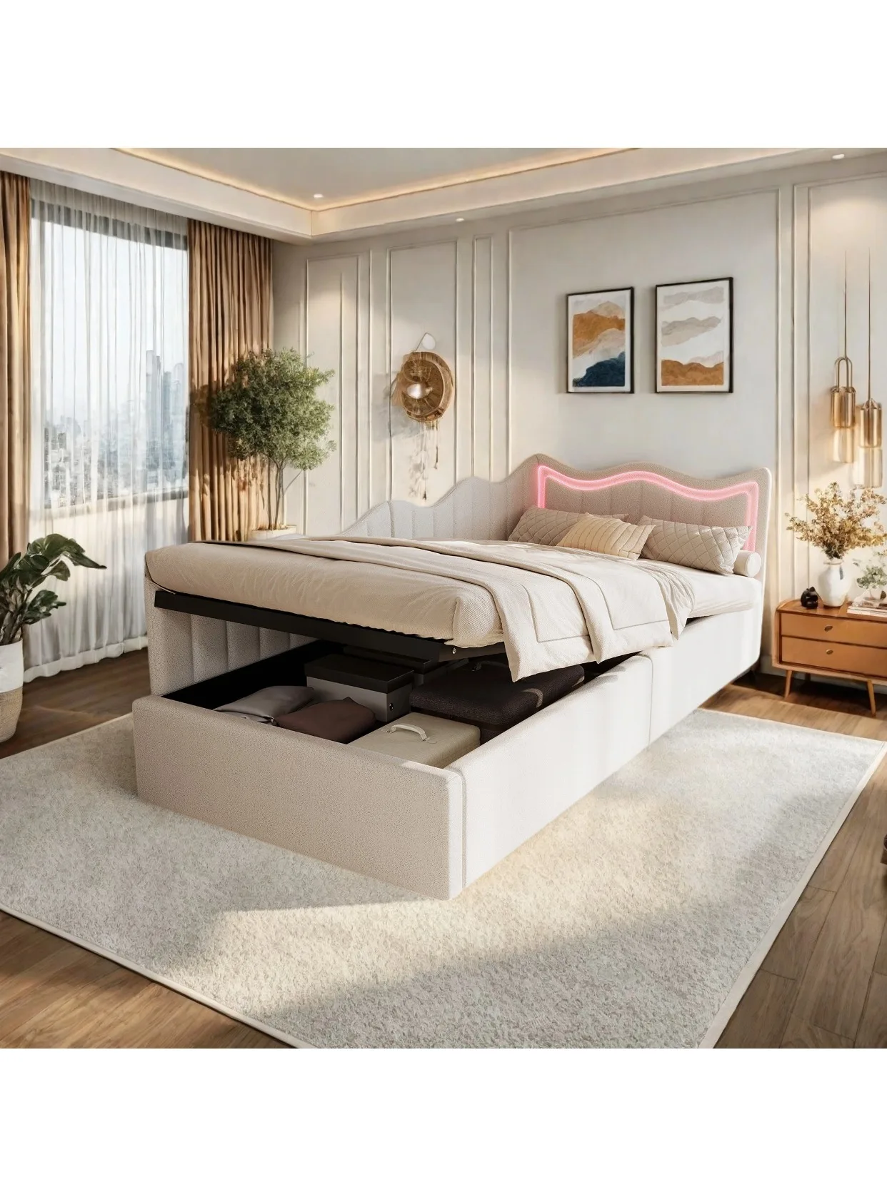 Superaly, 90 x 200 cm großes Kinderbett, Schlafsofa, Polsterbett, Einzelbett, Kopfteil mit LED-Lichtleiste, hydraulisches Stauraumbett, multifunktionales Stauraumbett für kleine Schlafzimmer, Samt,