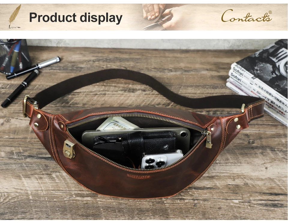 CONTACT'S Echte Leder-Hüfttasche für Herren, Reise-Bauchtasche mit Zahlenschloss, Kleine Brusttasche für Alltag & Reisen – Detail 13