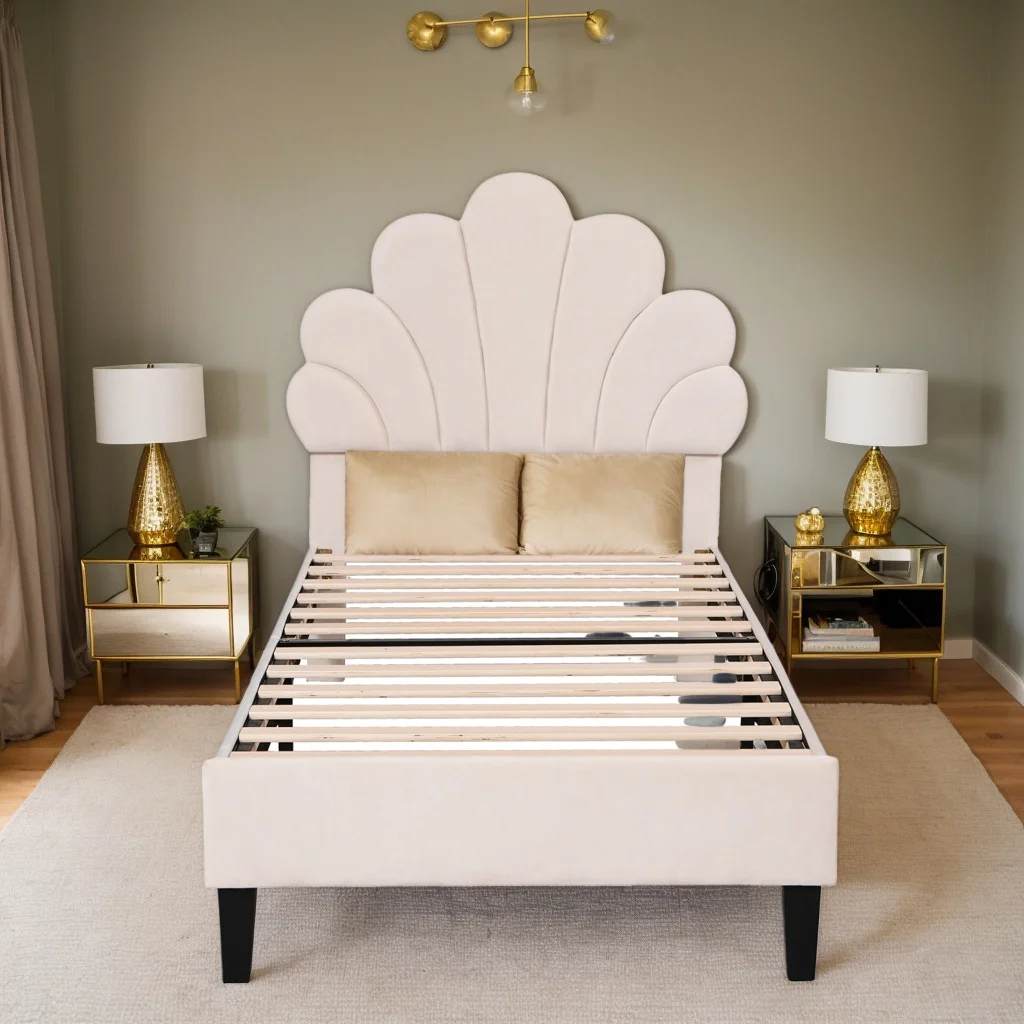 Letto singolo, rivestito in velluto con testiera decorata a motivi floreali, testiera regolabile in altezza, struttura robusta in MDF e truciolato con supporto a croce in metallo, base a doghe 90x200