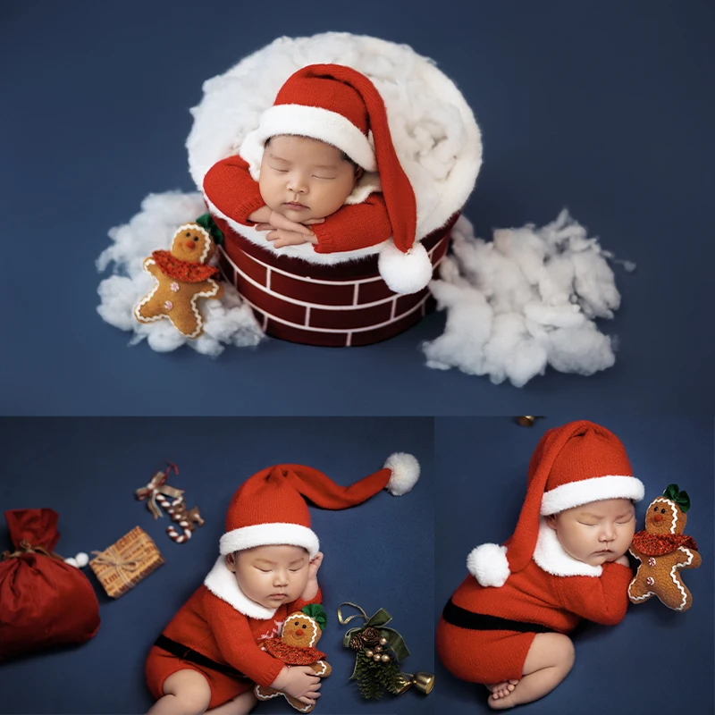 Santa Claus Newborn Photo Clothing Baby Christmas Hat Rompers Shoot Set New Year Infant Cosplay Costume Christmas Decoration