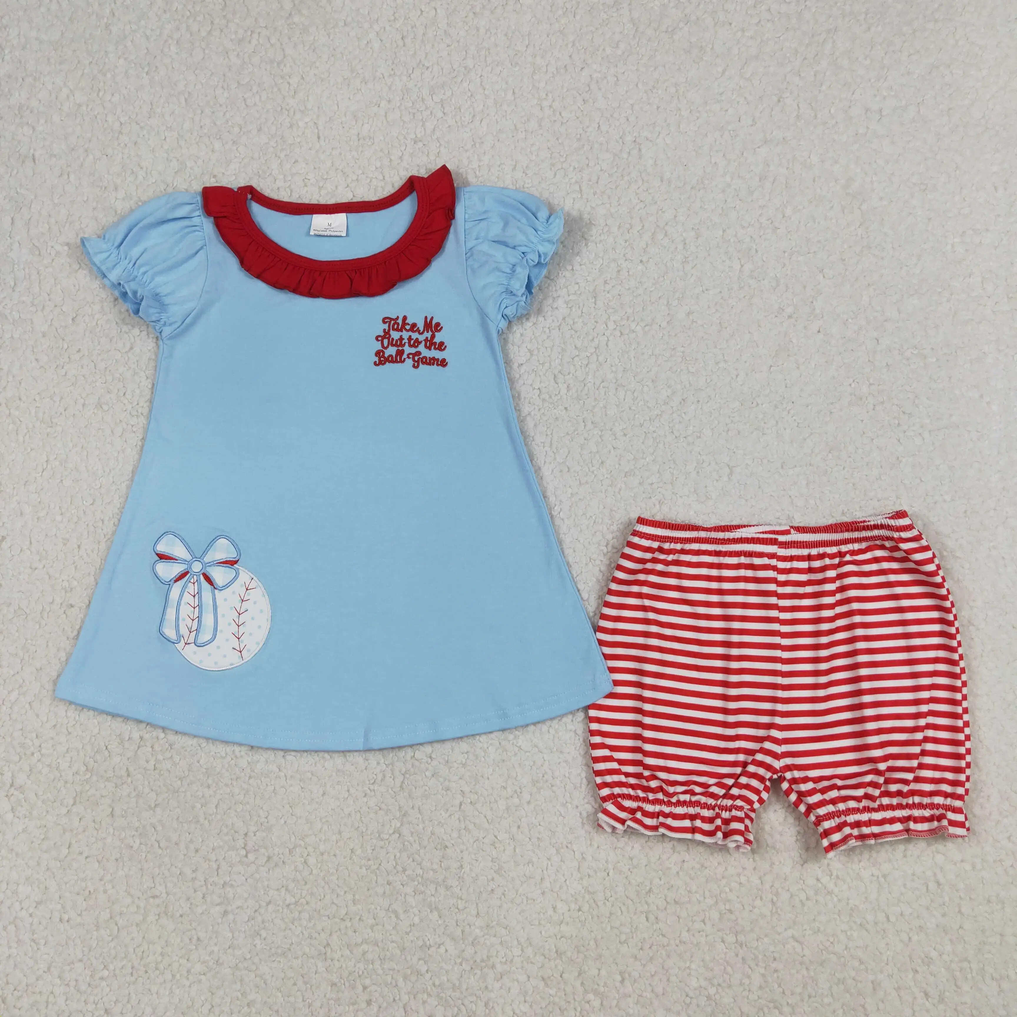 

GSSO3245 New Summer Embroidery Baseballs Bows Baby Girls Tunic Stripe Ruffle Shorts Team Clothes Sets