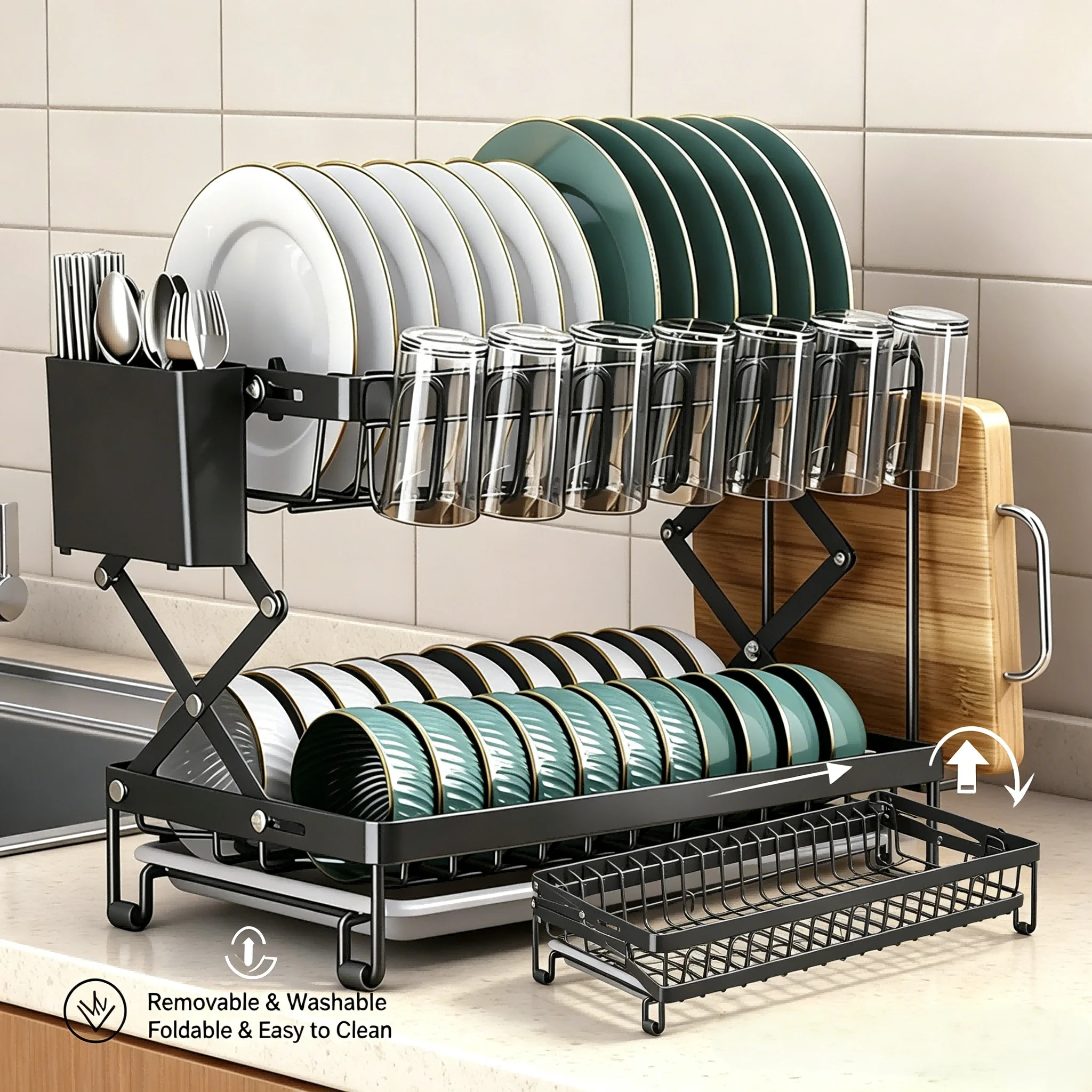 Égouttoir de cuisine à 2 niveaux avec bac de récupération amovible, support à vaisselle pour assiettes, tasses, baguettes, organisateur de comptoir en acier inoxydable